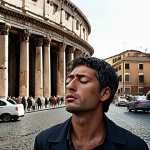 Anchoring in Roman Chaos:**
A serene person, eyes gently closed, taking a deep, calming breath amidst the bustling, stressful Roman traffic. The background shows iconic Roman architecture and cars, with a sense of chaotic movement, yet the person projects an aura of profound inner peace and stillness, as if finding a secret superpower within.

**