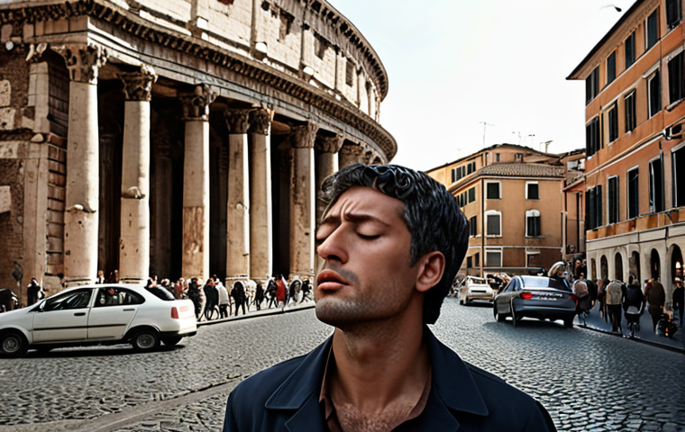 Anchoring in Roman Chaos:**
A serene person, eyes gently closed, taking a deep, calming breath amidst the bustling, stressful Roman traffic. The background shows iconic Roman architecture and cars, with a sense of chaotic movement, yet the person projects an aura of profound inner peace and stillness, as if finding a secret superpower within.
**