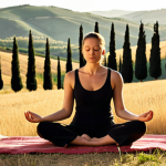 **A serene person meditating outdoors in Tuscany:** "A woman sitting in a lotus position in a sun-drenched Tuscan field, eyes closed, practicing mindfulness. Rolling hills and cypress trees in the background. Soft, golden light."
