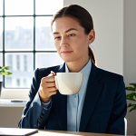 Home 11 A professional woman in a modest business suit, gently holding a steaming cup of coffee at a clean, minimalist office desk. Her expression is serene and focused, indicating a moment of mindfulness and presence. Soft morning light filters through a window in the background, illuminating a small, thriving plant on the desk. The image is a high-resolution professional photograph with natural lighting, depicting perfect anatomy, correct proportions, well-formed hands, and natural body proportions. The subject is fully clothed in appropriate attire, making it safe for work, appropriate content, and family-friendly.