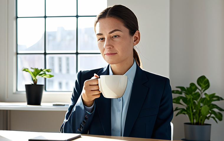 A professional woman in a modest business suit, gently holding a steaming cup of coffee at a clean, minimalist office desk. Her expression is serene and focused, indicating a moment of mindfulness and presence. Soft morning light filters through a window in the background, illuminating a small, thriving plant on the desk. The image is a high-resolution professional photograph with natural lighting, depicting perfect anatomy, correct proportions, well-formed hands, and natural body proportions. The subject is fully clothed in appropriate attire, making it safe for work, appropriate content, and family-friendly.