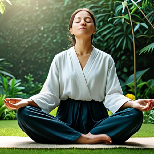 Home 20 Mindfulness Meditation**
"A woman in comfortable, modest clothing sits in a serene garden, eyes closed in meditation, fully clothed, appropriate content, safe for work, perfect anatomy, natural proportions, soft lighting, peaceful expression, lush greenery in the background, professional illustration, family-friendly."
**
