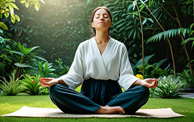 Mindfulness Meditation**

"A woman in comfortable, modest clothing sits in a serene garden, eyes closed in meditation, fully clothed, appropriate content, safe for work, perfect anatomy, natural proportions, soft lighting, peaceful expression, lush greenery in the background, professional illustration, family-friendly."

**