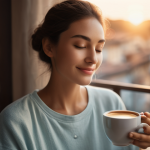 Home 13 마인드풀니스 실천을 통해 얻는 인사이트 - **Mindful Morning Ritual**
A serene image of an individual (gender-neutral, 20s-30s) fully cloth...