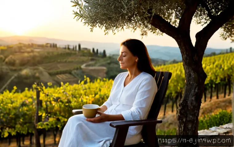 마인드풀니스와 자아 발견의 여정 - Photorealistic early morning mindfulness scene in a quiet Tuscan hillside home, an Italian woman in ...
