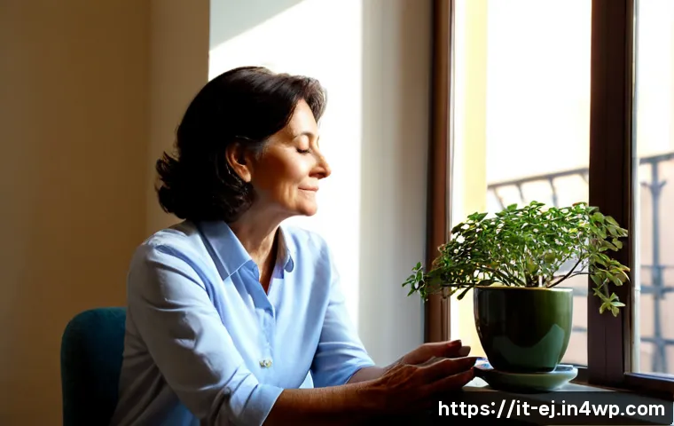 마인드풀니스와 부정적 사고 극복하기 - Photorealistic Italian woman in her early 50s practicing mindfulness at a sunlit apartment window in...